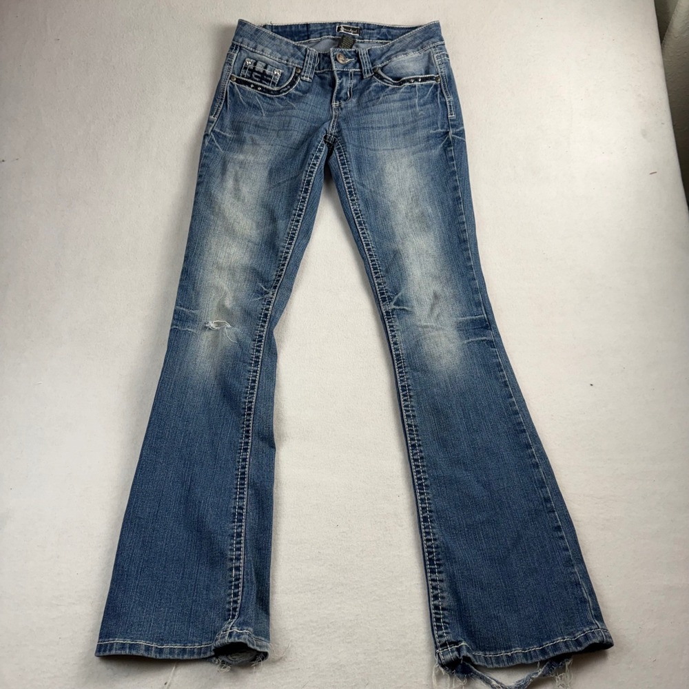 Soundgirl Womens Blue Distressed Embellished Fleur De Lis Bootcut Jeans Size 3